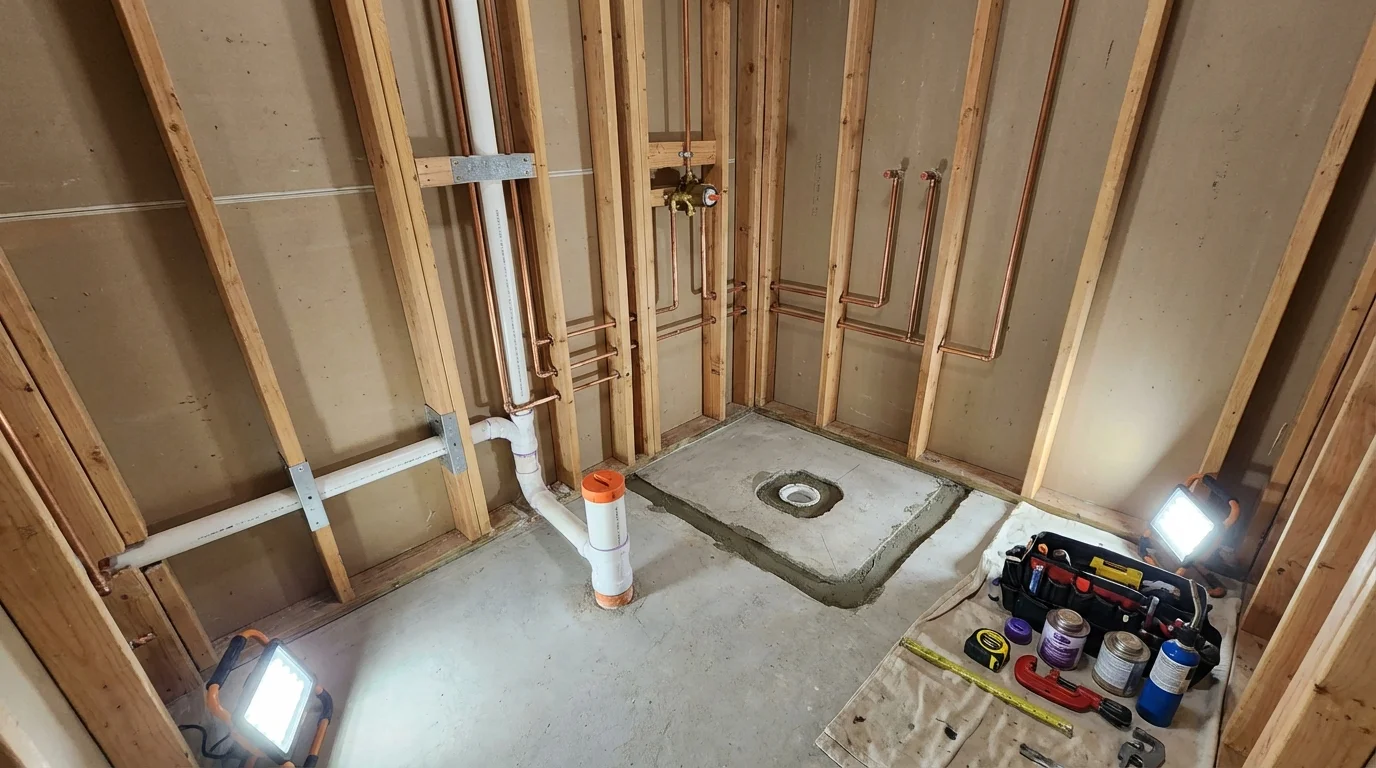 Bathroom rough-in plumbing during remodel by Johns Plumbing LLC in Queensbury