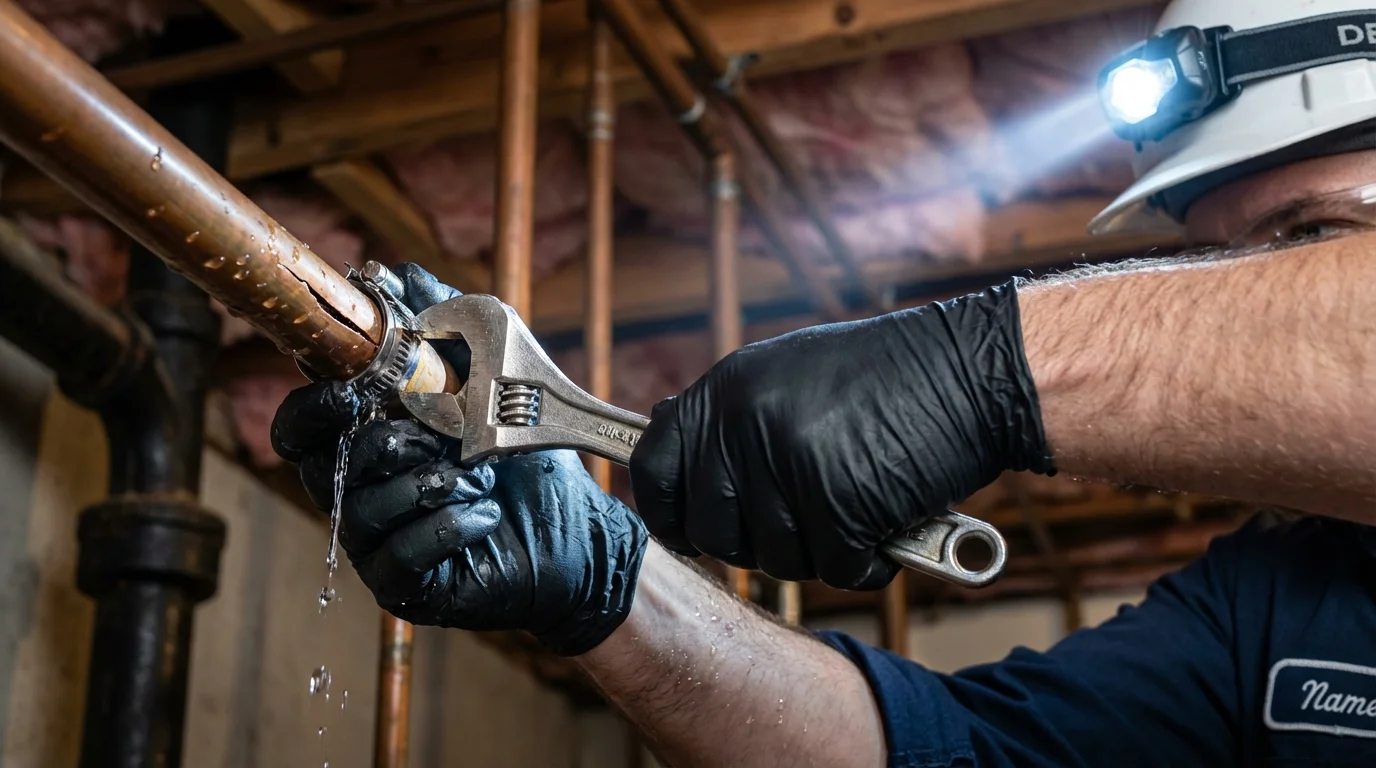 Emergency pipe clamp repair being performed by a Johns Plumbing LLC plumber in Queensbury