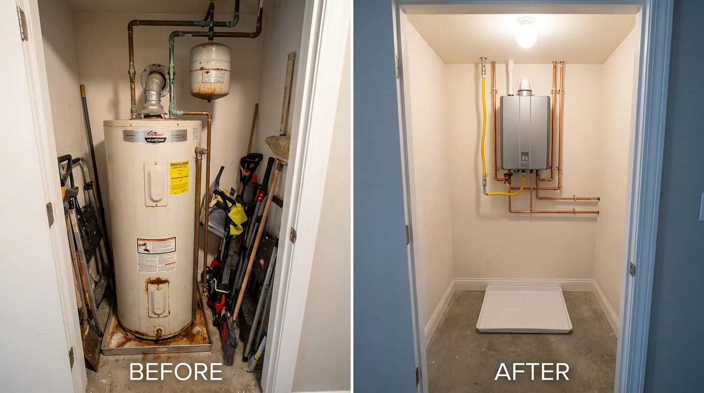 Tank water heater versus wall-mounted tankless unit comparison for Queensbury, NY homeowners