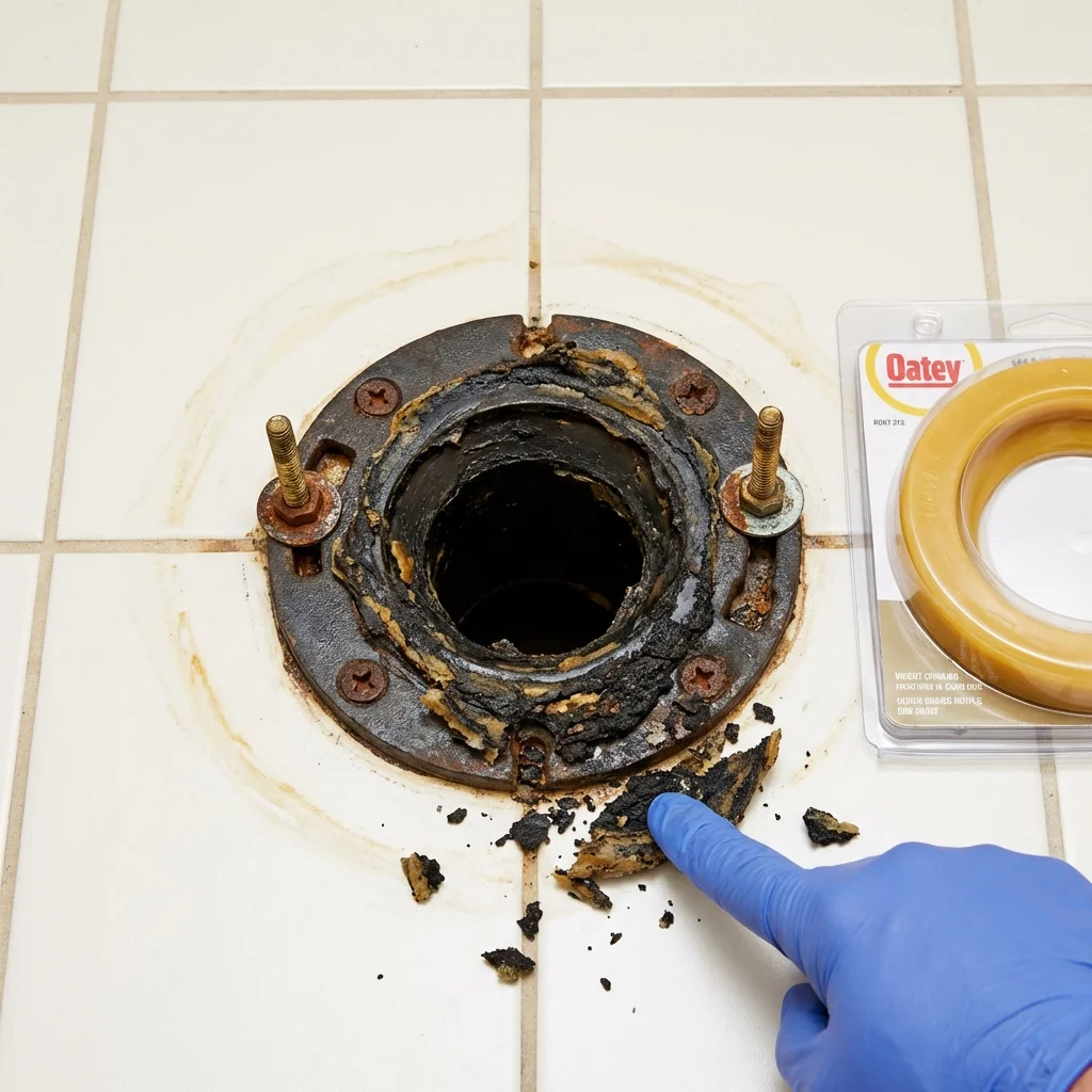 Failed wax ring showing water seepage at the base of a toilet in a Queensbury, NY home